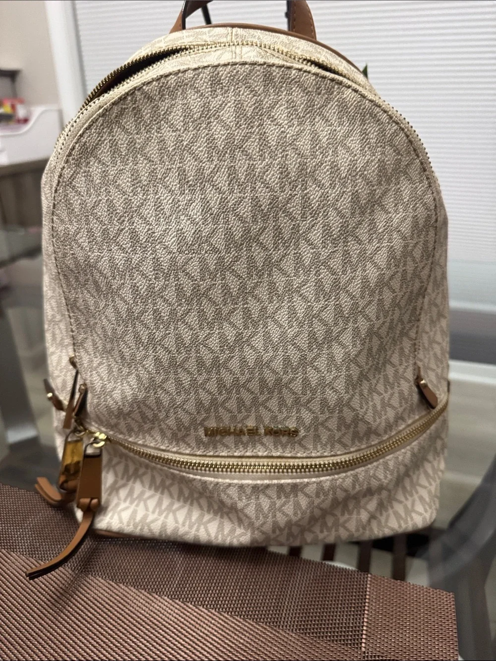 Michael Kors Beige Logo Mini Backpack with Gold Hardware